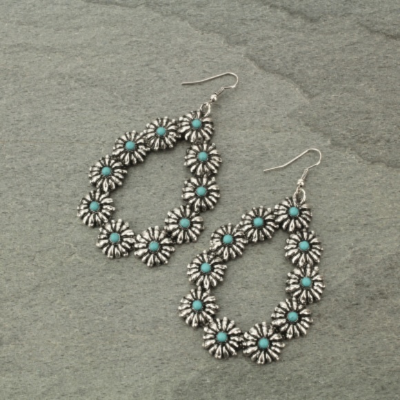 Antique Silver Teardrop Earrings w/Turquoise - Picture 2 of 3